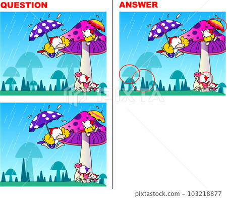 A quiz to find the differences in the illustration of a parent and child bird sheltering from the rain in the mushroom forest A quiz to find the differences in the illustration of a parent and child bird sheltering from the rain in the mushroom forest 103218877