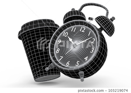 Vintage alarm clock with paper coffee cup on green background. Vintage alarm clock with paper coffee cup on green background. 103219074