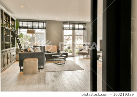 a living room with couches, chairs and books on the shelves in the room is very light wood flooring a living room with couches, chairs and books on the shelves in the room is very light wood flooring 103219359