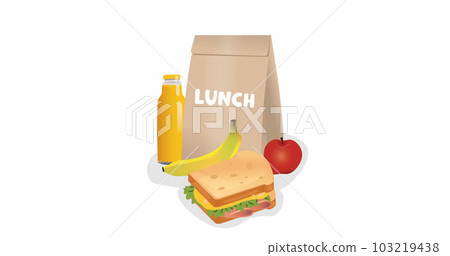 Illustration of school lunch bag with sandwich, fruit and juice on white background Illustration of school lunch bag with sandwich, fruit and juice on white background 103219438