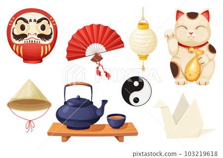 Japan set with traditional elements fun, maneki neko cat, origami crane, teapot with tea cups, daruma doll and lantern in cartoon style isolated on white background. Japan set with traditional elements fun, maneki neko cat, origami crane, teapot with tea cups, daruma doll and lantern in cartoon style isolated on white background. 103219618