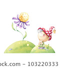 The character is a forest gnome. Herbs, flower, meadow. Watercolor hand drawn illustration. 103220333