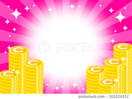 background illustration with tower of coins and pink radiant glitter 103220352