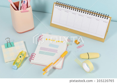 school supplies and diary concept, a desk preparing for the new semester 103220765