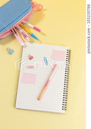school supplies and diary concept, pencil case and handwriting note school supplies and diary concept, pencil case and handwriting note 103220766