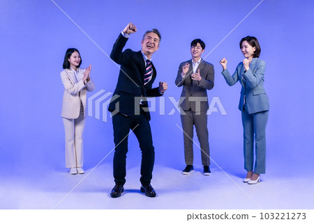 Asian Korean senior, middle aged and young male and female colleagues models in business attire, neon purple studio background, be congratulated Asian Korean senior, middle aged and young male and female colleagues models in business attire, neon purple studio background, be congratulated 103221273