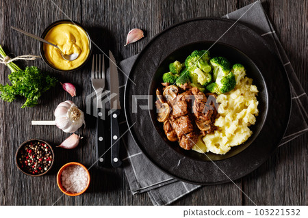 beef mushrooms stew with mashed potato and salad beef mushrooms stew with mashed potato and salad 103221532