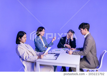 Asian Korean senior, middle aged and young male and female colleagues models in business attire, neon purple studio background, conflicting Asian Korean senior, middle aged and young male and female colleagues models in business attire, neon purple studio background, conflicting 103221702