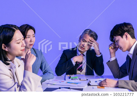 Asian Korean senior, middle aged and young male and female colleagues models in business attire, neon purple studio background, conflicting 103221777