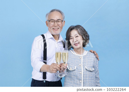 active young senior Korean Asian couple holding champagne glasses active young senior Korean Asian couple holding champagne glasses 103222264