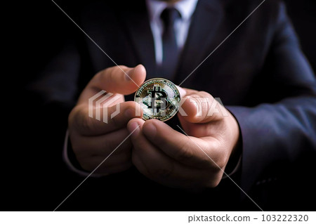 Close-up of a businessman holding a bitcoin in his hands. Generative AI 103222320