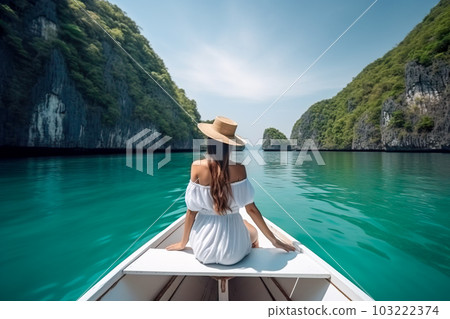 Beautiful woman in white dress and hat sitting on the boat in the sea. Generative AI Beautiful woman in white dress and hat sitting on the boat in the sea. Generative AI 103222374