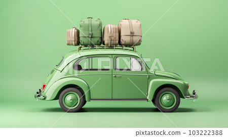 Green retro car with suitcases on a green background. Generative AI 103222388