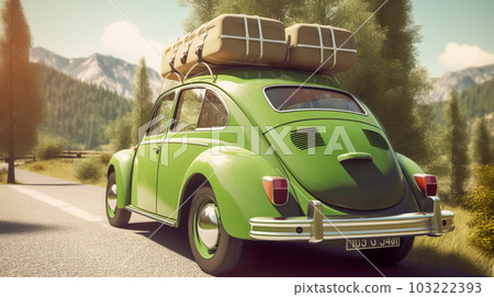 Green retro car with suitcases on a green background. Generative AI Green retro car with suitcases on a green background. Generative AI 103222393