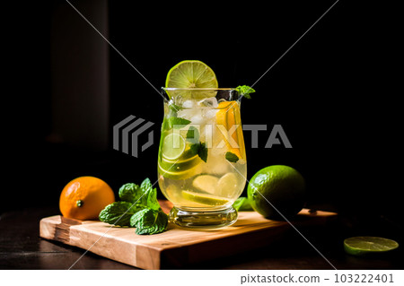 Mojito cocktail with lime, mint and ice on dark background. Generative AI 103222401