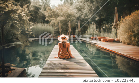 Beautiful woman in a hat and a dress sitting on the edge of a swimming pool. Generative AI Beautiful woman in a hat and a dress sitting on the edge of a swimming pool. Generative AI 103222443