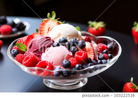 ice cream with fresh berries in a glass bowl on a black background. Generative AI ice cream with fresh berries in a glass bowl on a black background. Generative AI 103222516