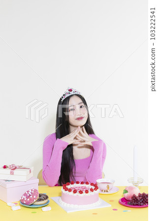 vintage y2k pink retro concept photo of korean asian cute woman in birthday party concept 103222541