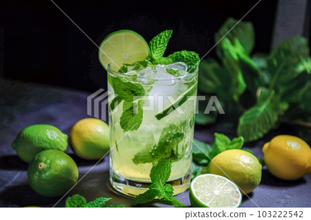 Mojito cocktail with lime, mint and ice on dark background. Generative AI 103222542