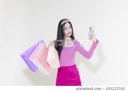 vintage y2k pink retro concept photo of korean asian cute woman in birthday party concept vintage y2k pink retro concept photo of korean asian cute woman in birthday party concept 103222592