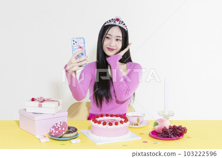 vintage y2k pink retro concept photo of korean asian cute woman in birthday party concept vintage y2k pink retro concept photo of korean asian cute woman in birthday party concept 103222596