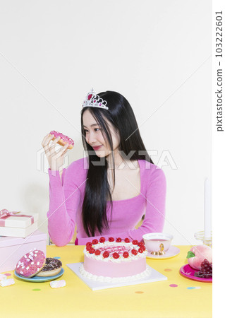 vintage y2k pink retro concept photo of korean asian cute woman in birthday party concept vintage y2k pink retro concept photo of korean asian cute woman in birthday party concept 103222601