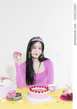 vintage y2k pink retro concept photo of korean asian cute woman in birthday party concept vintage y2k pink retro concept photo of korean asian cute woman in birthday party concept 103222607