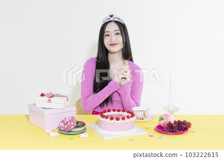 vintage y2k pink retro concept photo of korean asian cute woman in birthday party concept 103222615
