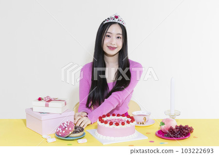 vintage y2k pink retro concept photo of korean asian cute woman in birthday party concept 103222693