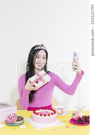vintage y2k pink retro concept photo of korean asian cute woman in birthday party concept vintage y2k pink retro concept photo of korean asian cute woman in birthday party concept 103222705