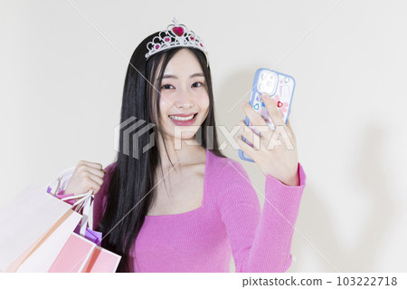 vintage y2k pink retro concept photo of korean asian cute woman in birthday party concept 103222718