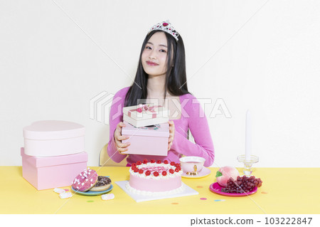 vintage y2k pink retro concept photo of korean asian cute woman in birthday party concept 103222847
