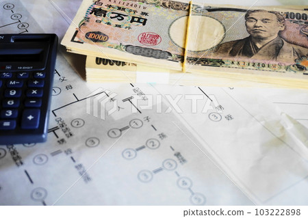 放在親屬圖上的 10,000 日元鈔票,繼承圖像 放在親屬圖上的 10,000 日元鈔票,繼承圖像 103222898