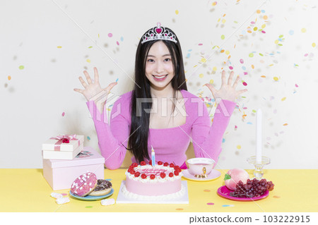 vintage y2k pink retro concept photo of korean asian cute woman in birthday party concept vintage y2k pink retro concept photo of korean asian cute woman in birthday party concept 103222915