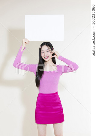 vintage y2k pink retro concept photo of korean asian cute woman holding a frame 103223066
