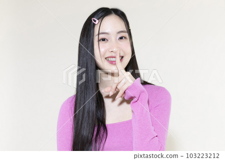 vintage y2k pink retro concept photo of korean asian cute woman with hand motion 103223212
