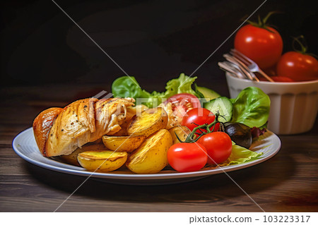 Roasted chicken with potatoes and vegetables on a wooden table. Generative AI Roasted chicken with potatoes and vegetables on a wooden table. Generative AI 103223317