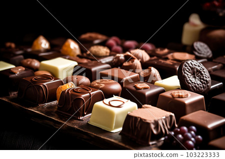 Assorted chocolates in a box. Chocolate candies. Generative AI 103223333