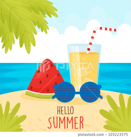 Watermelon, glass of lemonade and sunglasses, on the beach 103223575