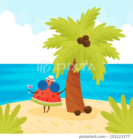 Cute cartoon watermelon character under the palm with cocktail, on the beach. Cute cartoon watermelon character under the palm with cocktail, on the beach. 103223577