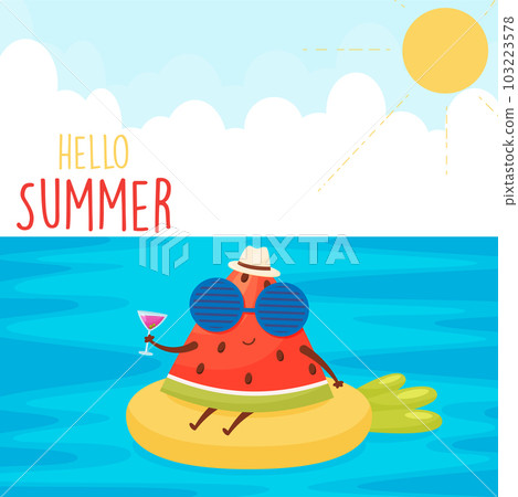 Cute cartoon watermelon character swims with cocktail, on the beach Cute cartoon watermelon character swims with cocktail, on the beach 103223578
