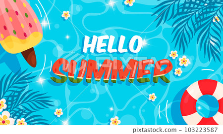 Hello summer pool background. Watermelon style lettering Hello summer pool background. Watermelon style lettering 103223587