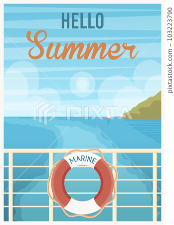 Hello Summer postcard. Sea cruise liner with lifebuoy. Vector illustration. Hello Summer postcard. Sea cruise liner with lifebuoy. Vector illustration. 103223790