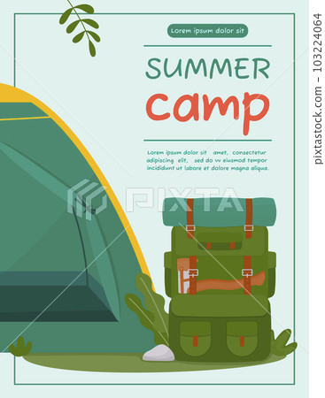 A4 poster for summer camping, travel, trip, hiking, tourist, nature, travel, picnic. Design of a poster, banner, leaflet, cover, special offer, advertisement. Vector illustration in a flat style. 103224064