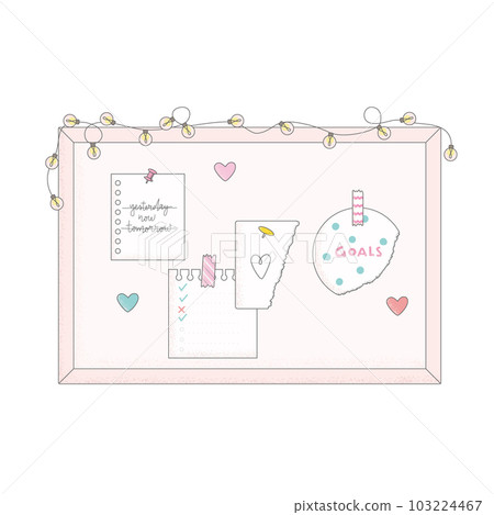 Cork board papers, notes, push pins, lights. Flat vector illustration frame mood board. 103224467