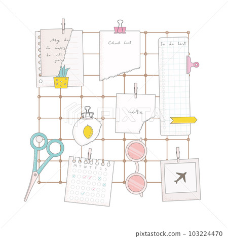 Flat vector illustration with scissors, cute paper notes, glasses, clip, card. Metal grid wall mood board inspiration. 103224470