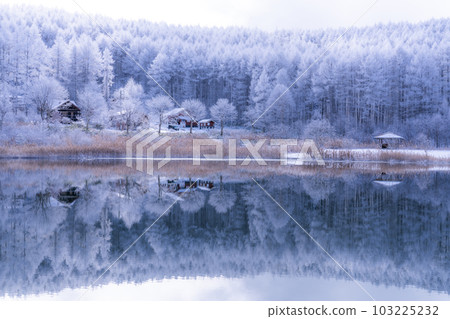 《Nagano Prefecture》Lake Nakamaki in the snowy landscape, rime forest and reflection of the lake 《Nagano Prefecture》Lake Nakamaki in the snowy landscape, rime forest and reflection of the lake 103225232