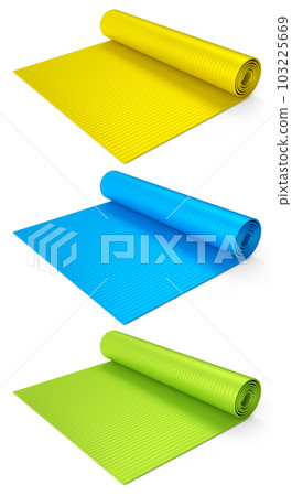 Set of yoga mats or lightweight foam camping bed roll pad isolated on white background. 3d rendering of sport equipment for fitness, yoga and active workout Set of yoga mats or lightweight foam camping bed roll pad isolated on white background. 3d rendering of sport equipment for fitness, yoga and active workout 103225669