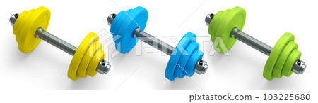Set of dumbbells with rubber disks isolated on white background. 3d rendering of sport equipment for fitness and powerlifting 103225680