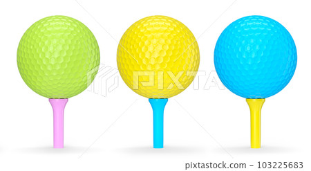 Set of golf ball on teee isolated on white background. 3d rendering of sport accessories for team playing games Set of golf ball on teee isolated on white background. 3d rendering of sport accessories for team playing games 103225683